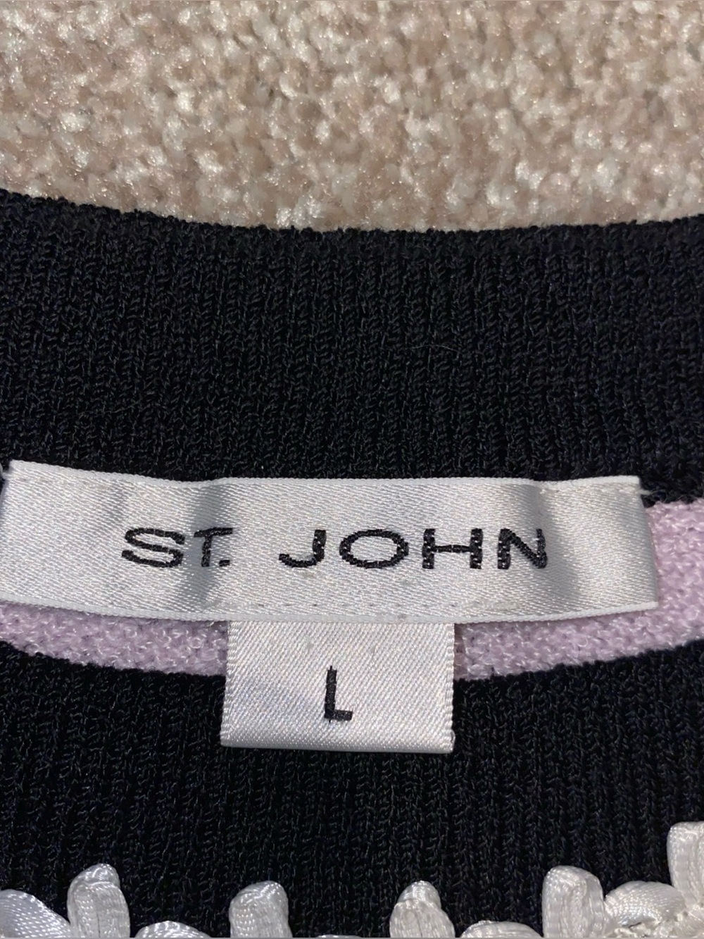 St John Santana Knit Lavender Tank Top Size L Boxy Shell Black & White Trim USA - Picture 3 of 9